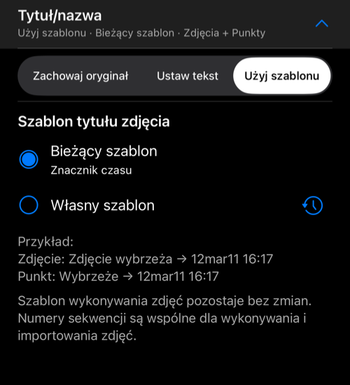 Rozwinięte Tytuł/nazwa z opcją Użyj szablonu, bieżącym i własnym szablonem oraz przykładem tytułu