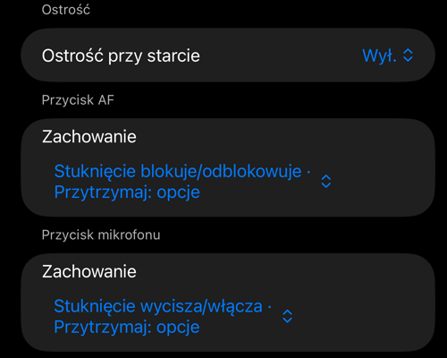 Sekcje „Ostrość”, „Przycisk AF” i „Przycisk mikrofonu” w ustawieniach sterowania wizjerem