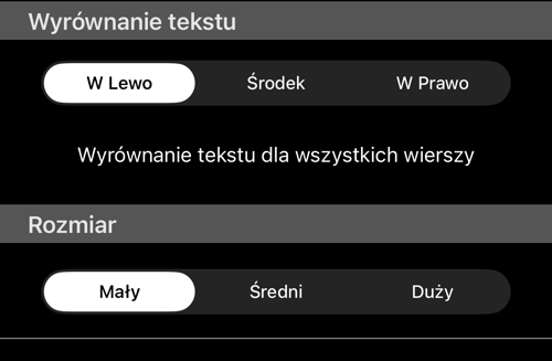 Wyrównanie tekstu ustawione na Do lewej, Rozmiar na Mały