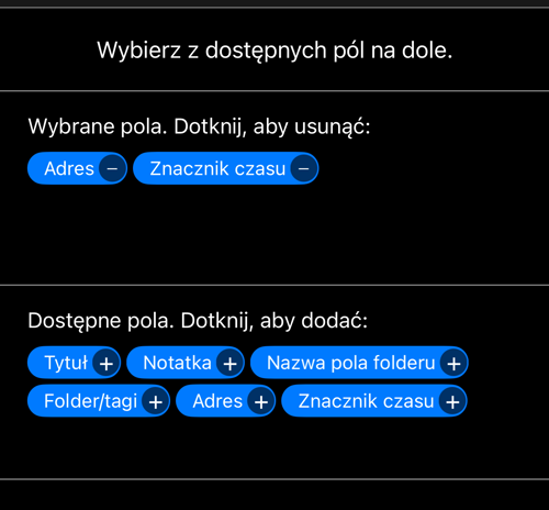 Edytor wiersza: wybrane pola Adres i Znacznik czasu, poniżej sześć dostępnych