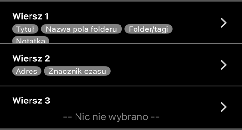 Wiersz 1, Wiersz 2 i Wiersz 3 ze swoimi polami; Wiersz 3 pusty