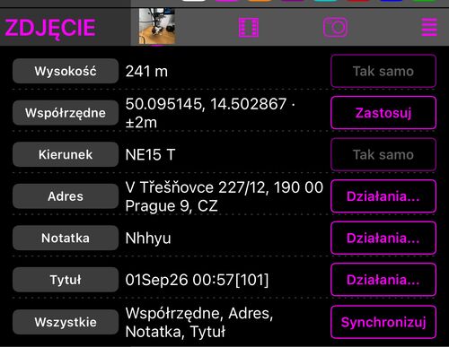 Rozwinięta sekcja Zdjęcie, z wierszami Wysokość, Współrzędne, Kurs, Adres, Notatka i Tytuł, każdy z wartością zdjęcia, oraz wierszem Wszystko
