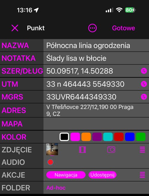 Edytor punktu w widoku Prostym: NAZWA, NOTATKA, SZER/DŁUG, UTM, MGRS, ADRES, MAPA, KOLOR, ZDJĘCIE, AUDIO, AKCJE i FOLDER — po jednym wierszu