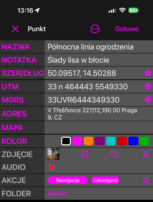 Edytor punktu w widoku Prostym: NAZWA, NOTATKA, SZER/DŁUG, UTM, MGRS, ADRES, MAPA, KOLOR, ZDJĘCIE, AUDIO, AKCJE i FOLDER — po jednym wierszu
