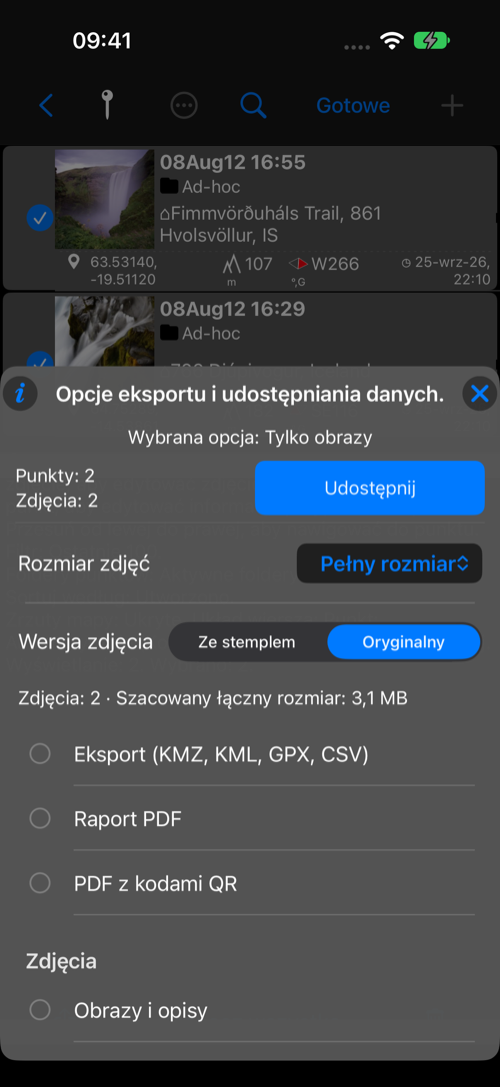 Dwa wybrane punkty ze zdjęciami i szacowany rozmiar