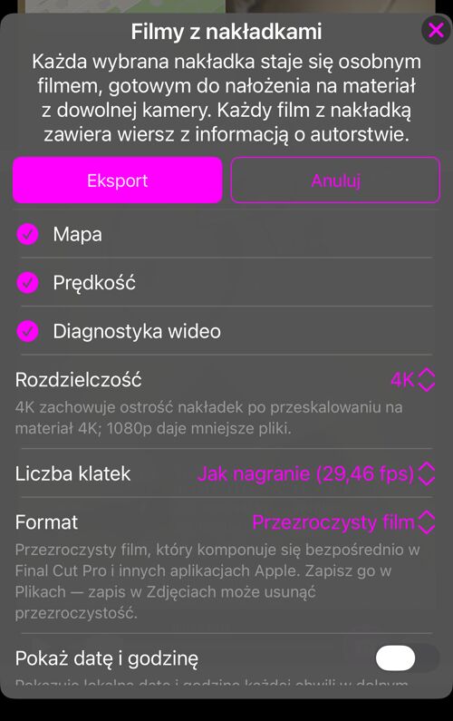 Opcje filmów z nakładkami: nakładki dostępne w tym nagraniu, wszystkie zaznaczone, oraz wiersz „Rozdzielczość”
