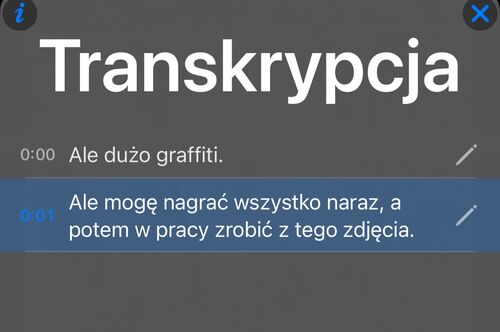 Panel transkrypcji z wierszem na frazę, czasem i podświetlonym bieżącym wierszem