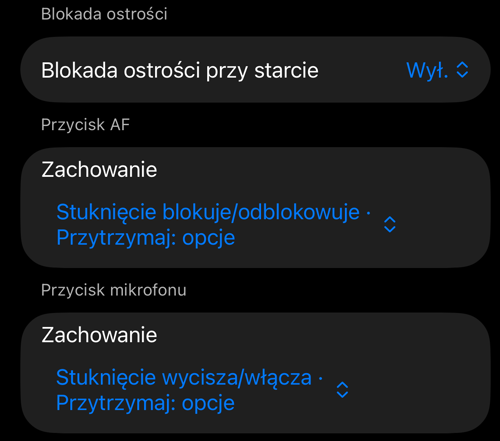 Ustawienia Sterowania wizjerem: sekcje Blokada ostrości przy starcie, Przycisk AF i Przycisk mikrofonu