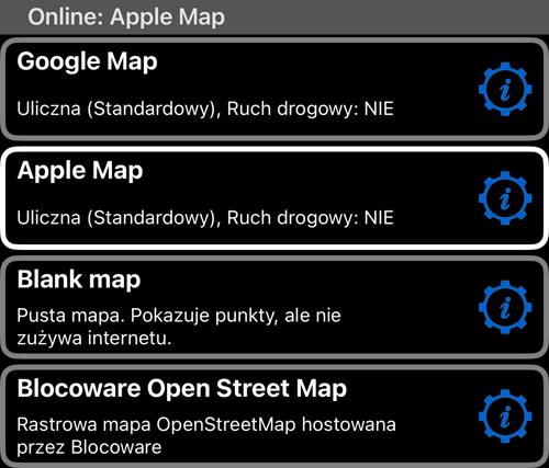 Lista „Mapy” z Google Map, Apple Map, Blank map i Blocoware Open Street Map wraz z rozmiarem pamięci podręcznej i liczbą kafelków