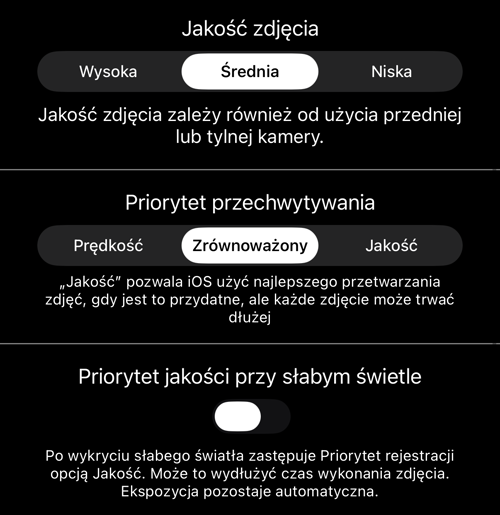 Jakość zdjęcia, priorytet fotografowania i przełącznik dla słabego światła