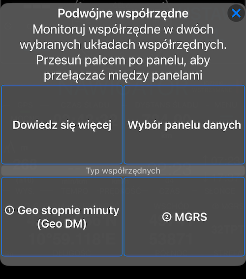Menu opcji dla podwójnych współrzędnych