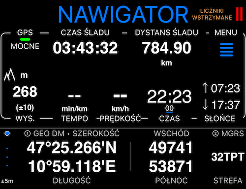 Panel podwójnych współrzędnych pokazujący Geo DM i MGRS obok siebie