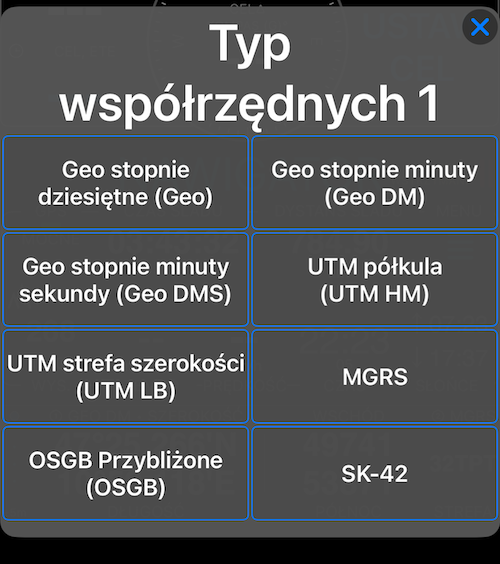 Selektor typu współrzędnych pokazujący wszystkie 8 formatów