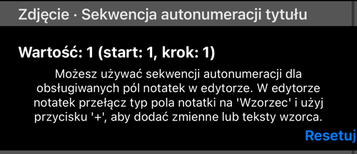 Licznik numeracji tytułu: bieżąca wartość i przycisk Resetuj