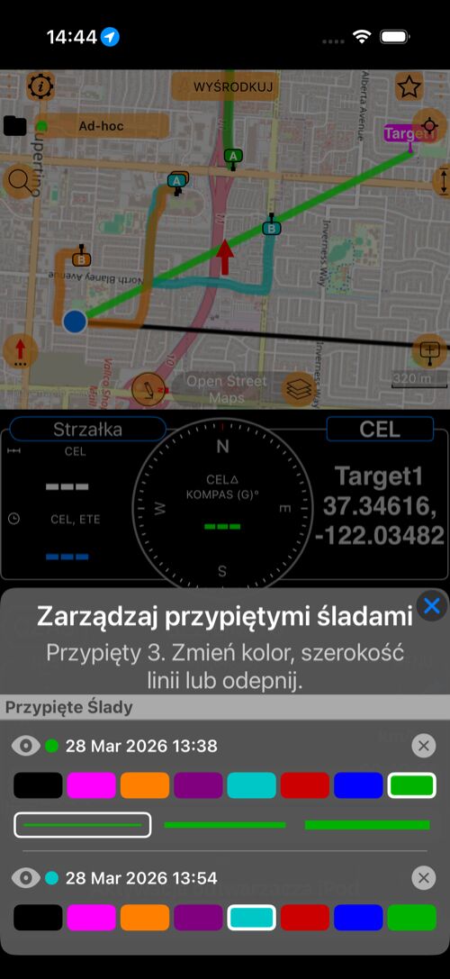 Zarządzanie przypiętymi śladami na mapie