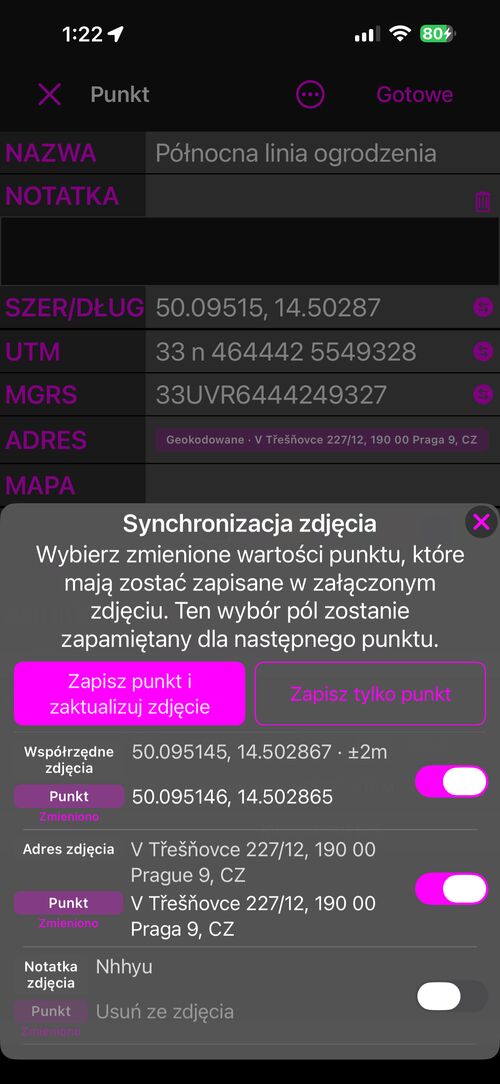 Arkusz Synchronizacja zdjęcia przy zapisie: Zapisz punkt i zaktualizuj zdjęcie, Zapisz tylko punkt oraz po jednym wierszu na pole — wartość zdjęcia nad wartością punktu, każdy z przełącznikiem