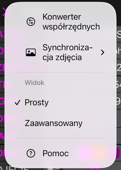 Menu Więcej edytora punktu: Konwerter współrzędnych, Synchronizacja zdjęcia, sekcja Widok z zaznaczonym Prostym i Zaawansowanym poniżej oraz Pomoc
