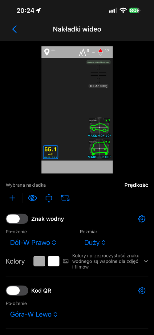 Układ nakładek dla filmu, znak wodny wyłączony, kod QR włączony
