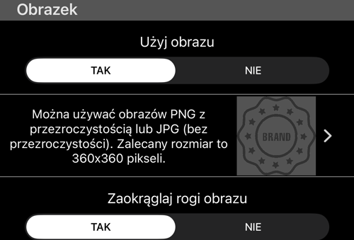 Sekcja Obraz: dołącz obraz, zalecany rozmiar i zaokrąglone narożniki
