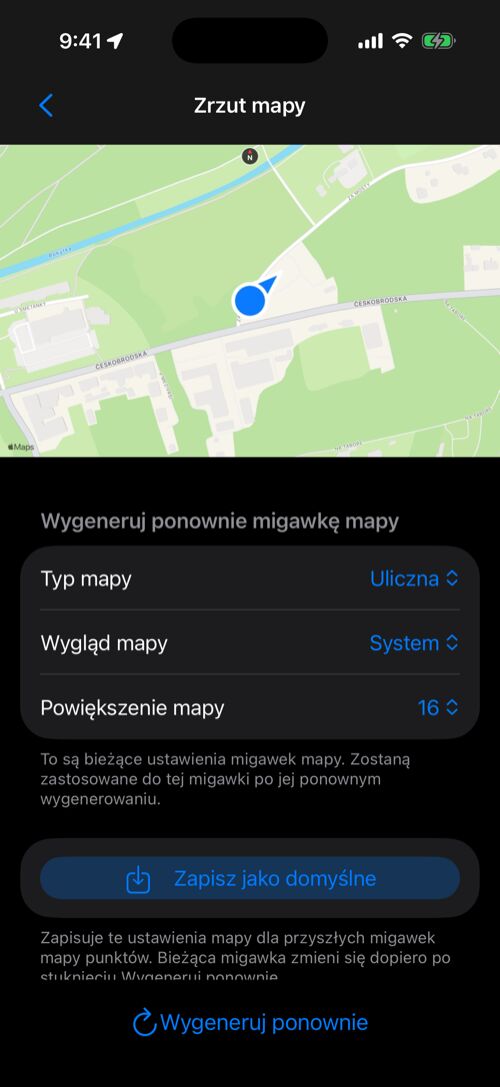 Enlarged point map snapshot with Map type, Map appearance, Map zoom, Save as default, and Re-generate