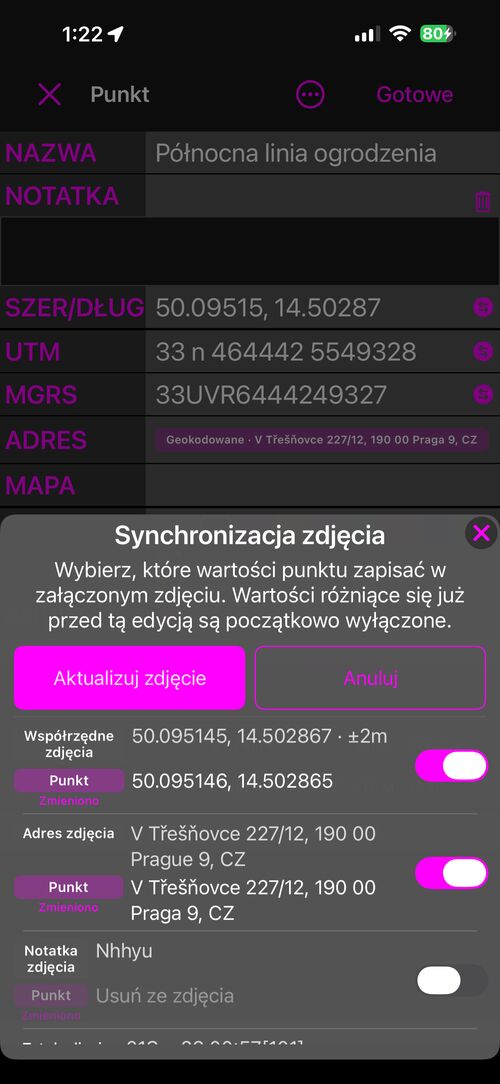 Arkusz w trybie aktualizacji wszystkiego, z wierszem, w którym zamiast wartości punktu widnieje Usuń ze zdjęcia, a przełącznik jest wyłączony