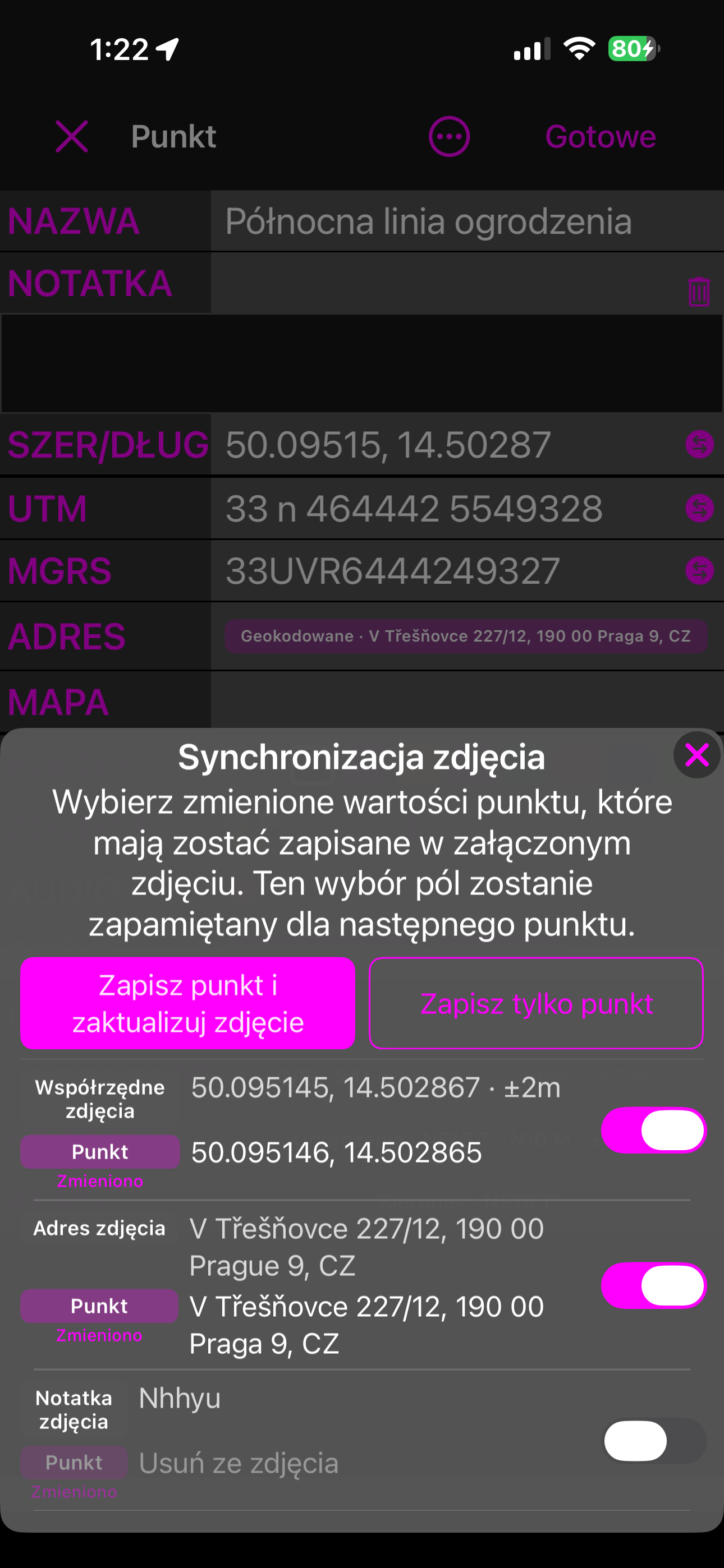 Arkusz Synchronizacja zdjęcia przy zapisie: Zapisz punkt i zaktualizuj zdjęcie, Zapisz tylko punkt oraz po jednym wierszu na pole — wartość zdjęcia nad wartością punktu, każdy z przełącznikiem