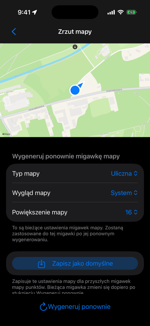 Enlarged point map snapshot with Map type, Map appearance, Map zoom, Save as default, and Re-generate