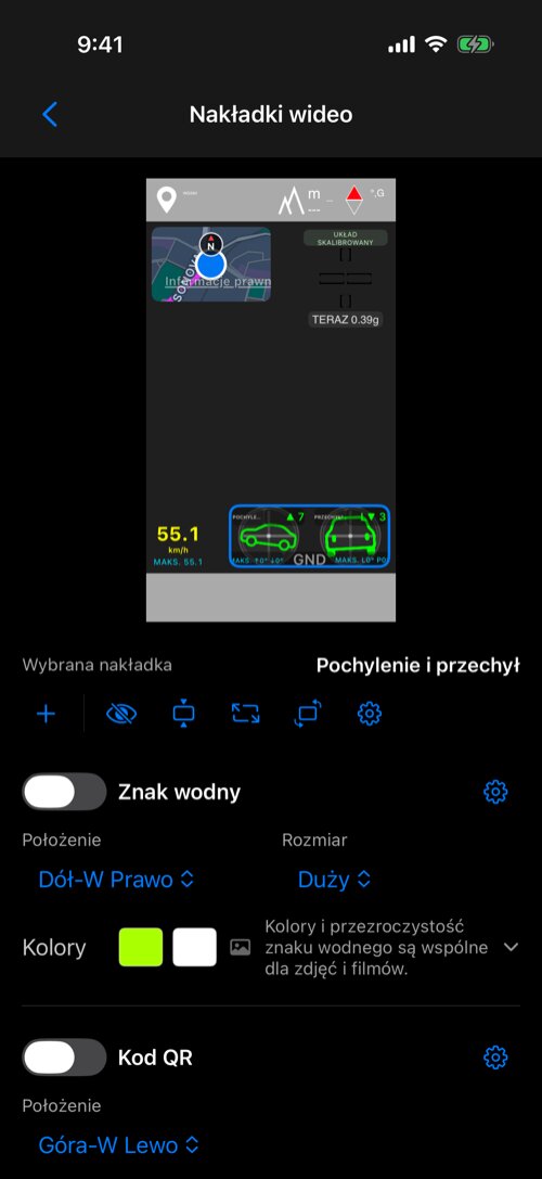 Edytor z Mapą u góry po lewej, Krzyżem G u góry po prawej, Prędkością na dole po lewej i Pochyleniem i przechyłem na dole po prawej