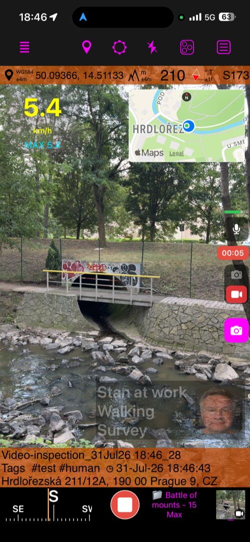 Active video recording with the Stop button, microphone, take-photo control, Loop indicator, Map, Speed, G-Cross, and Watermark