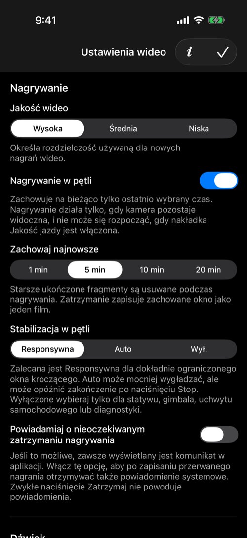 Ustawienia wideo z wysoką jakością i responsywną pięciominutową pętlą