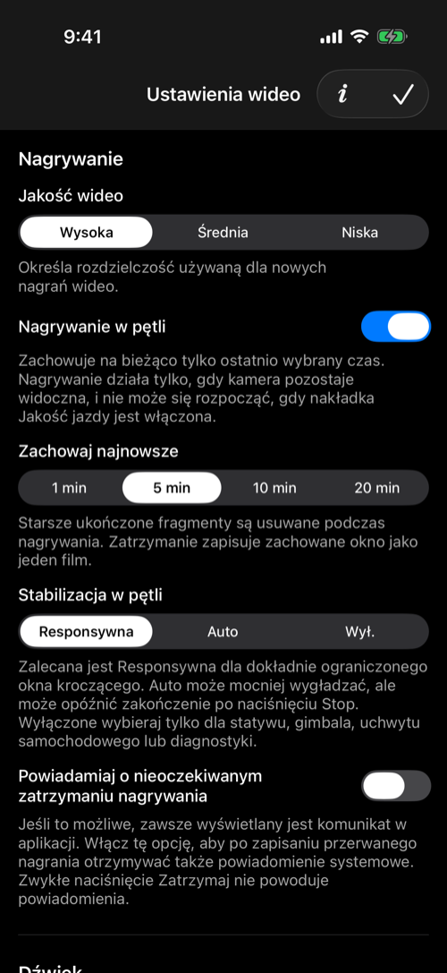 Ustawienia wideo z wysoką jakością i responsywną pięciominutową pętlą