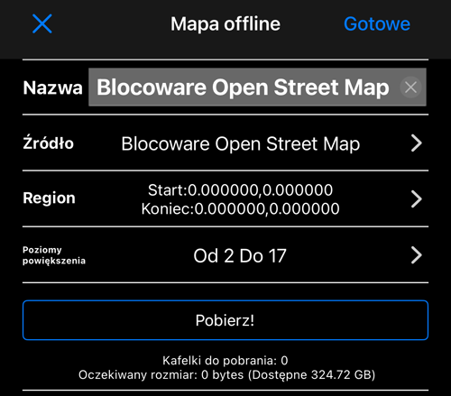 Ekran „Mapa offline”: nazwa, Blocoware Open Street Map jako źródło, obszar, poziomy powiększenia od 2 do 17, „Rozpocznij pobieranie” oraz liczba kafelków z przewidywanym rozmiarem