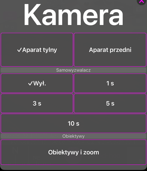 Menu aparatu: sekcja „Kamera” z „Aparat tylny” i „Aparat przedni”, sekcja „Samowyzwalacz” z „Wył.”, 1 s, 3 s, 5 s i 10 s oraz sekcja „Obiektywy” z „Obiektywy i zoom”