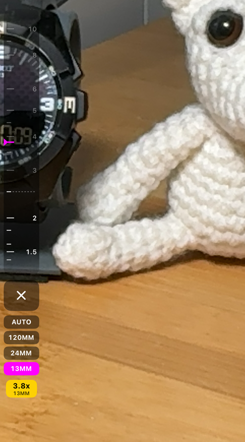 Pasek z wybranym obiektywem 13MM i zoomem 3.8x, za przerywaną linią, gdzie znaczniki bledną