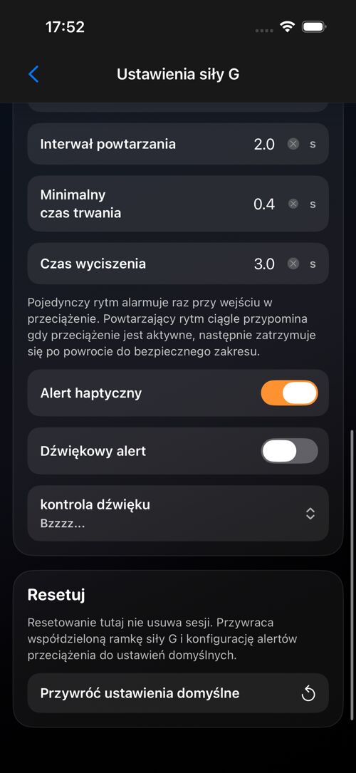 Ekran ustawień siły G