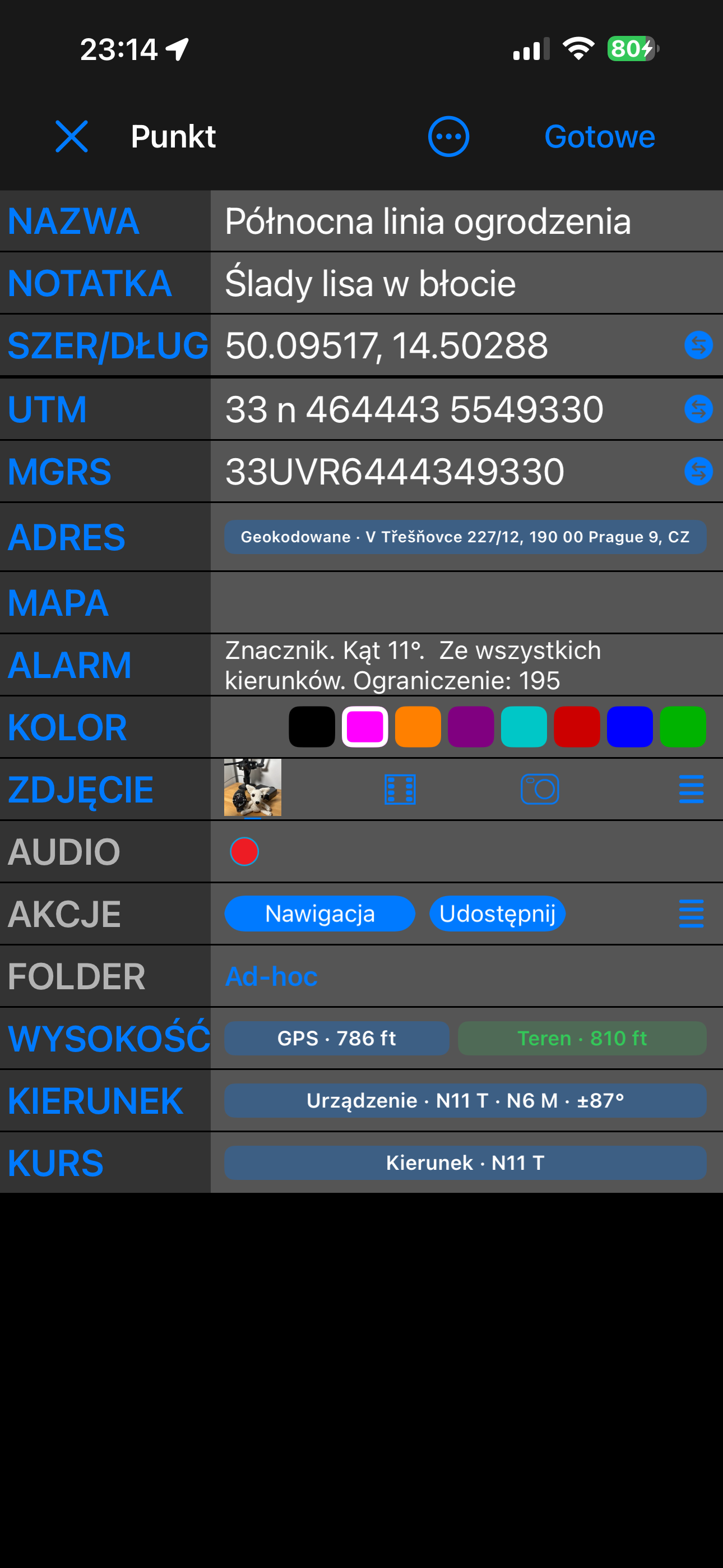 Edytor punktu w widoku Zaawansowanym, z Wysokością, Kursem i Kierunkiem na końcu listy