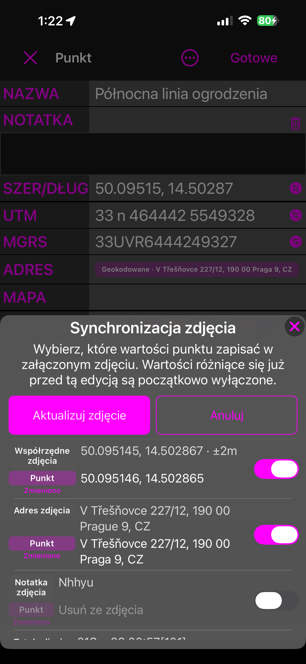 Arkusz w trybie aktualizacji wszystkiego, z wierszem, w którym zamiast wartości punktu widnieje Usuń ze zdjęcia, a przełącznik jest wyłączony