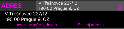 Otwarty wiersz ADRES: dwa edytowalne wiersze adresu, przycisk kosza w wierszu oraz akcje Ustaw ze współrzędnych i Szukaj adresu