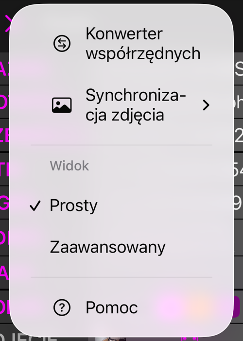 Menu Więcej edytora punktu: Konwerter współrzędnych, Synchronizacja zdjęcia, sekcja Widok z zaznaczonym Prostym i Zaawansowanym poniżej oraz Pomoc