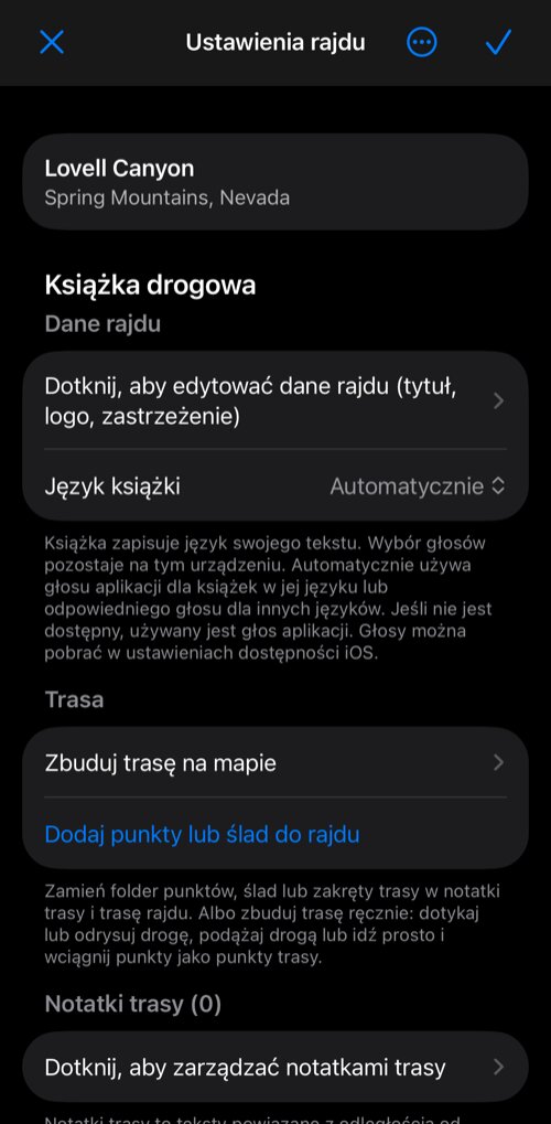 Ustawienia rajdu: grupa Książka drogowa z danymi rajdu, językiem książki, sekcją Trasa i notatkami trasy