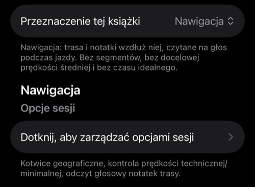 Przeznaczenie tej książki ustawione na Nawigacja, pod spodem Opcje sesji