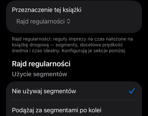 Przeznaczenie tej książki ustawione na Rajd regularności, pod spodem Użycie segmentów