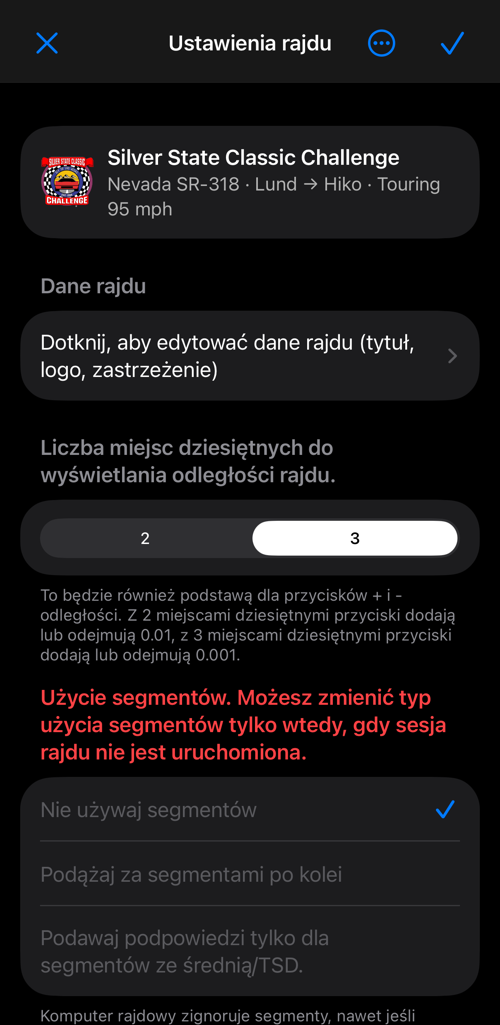Ustawienia rajdu: dane rajdu, liczba miejsc po przecinku, użycie segmentów i segmenty