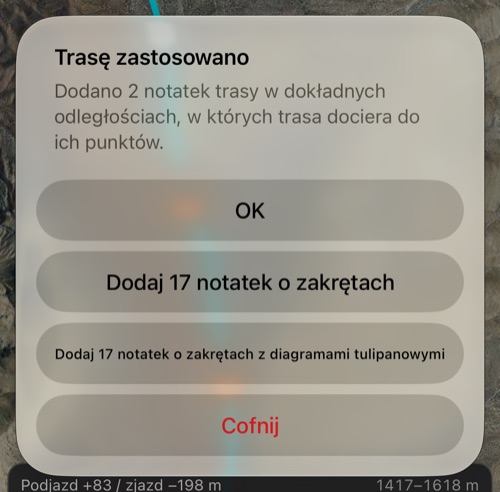 Podsumowanie po Zastosuj: dwie notatki trasy dodane na dokładnych odległościach, propozycja dodania 17 notatek o zakrętach z diagramami tulipanowymi lub bez, OK i Cofnij