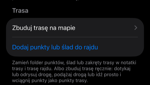 Ustawienia rajdu: grupa Książka drogowa z Zbuduj trasę na mapie i Dodaj punkty lub ślad do rajdu w sekcji Trasa