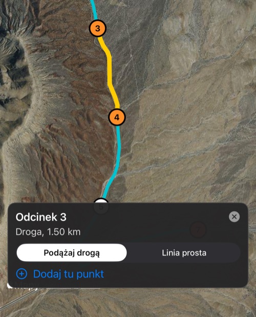 Odcinek 3 wybrany na mapie, z jego kartą: długość drogi, wybór Podążaj drogą / Linia prosta i Dodaj tu punkt