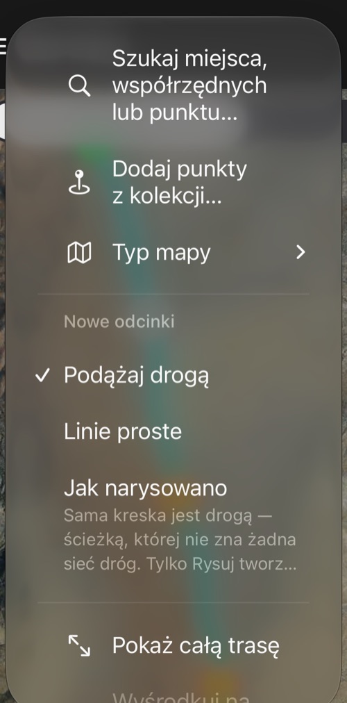 Menu ⋯ edytora trasy: wyszukiwanie, dodawanie punktów, typ mapy, rodzaj nowych odcinków i Pokaż całą trasę