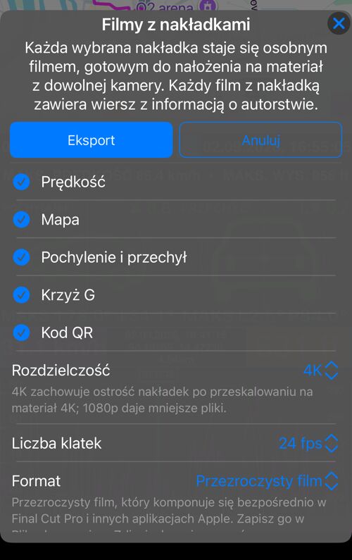 Opcje filmów z nakładkami dla trasy: zaznaczone „Prędkość”, „Mapa”, „Pochylenie i przechył”, „Krzyż G” i „Kod QR”, poniżej „Rozdzielczość”, „Liczba klatek” i „Format”