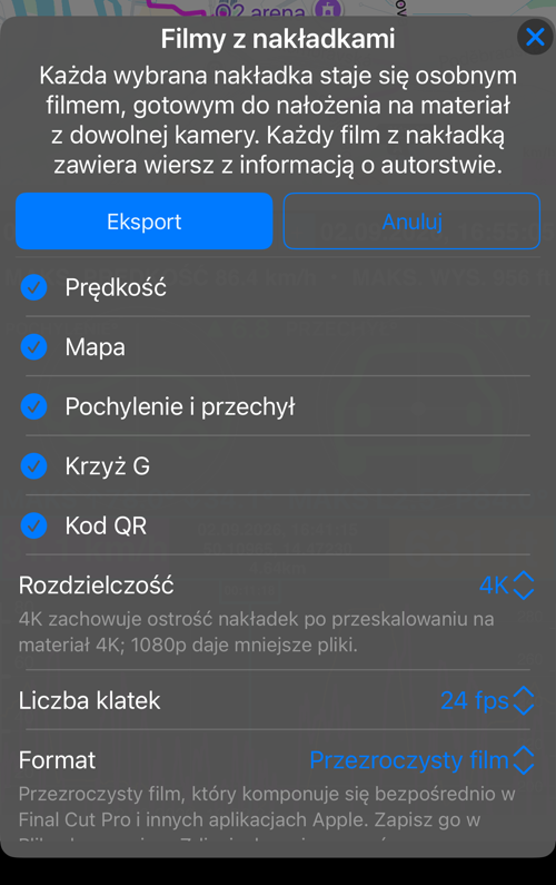 Opcje filmów z nakładkami dla trasy: zaznaczone „Prędkość”, „Mapa”, „Pochylenie i przechył”, „Krzyż G” i „Kod QR”, poniżej „Rozdzielczość”, „Liczba klatek” i „Format”