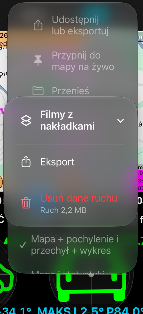 Podmenu „Filmy z nakładkami”: „Eksport” i „Usuń dane ruchu” z rozmiarem